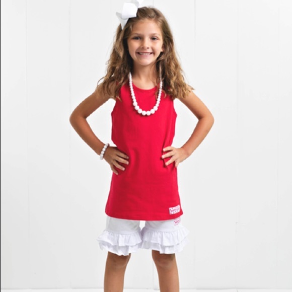 Ruffle Girl Crimson White BowBack Ruffle Short Set - Picture 1 of 4